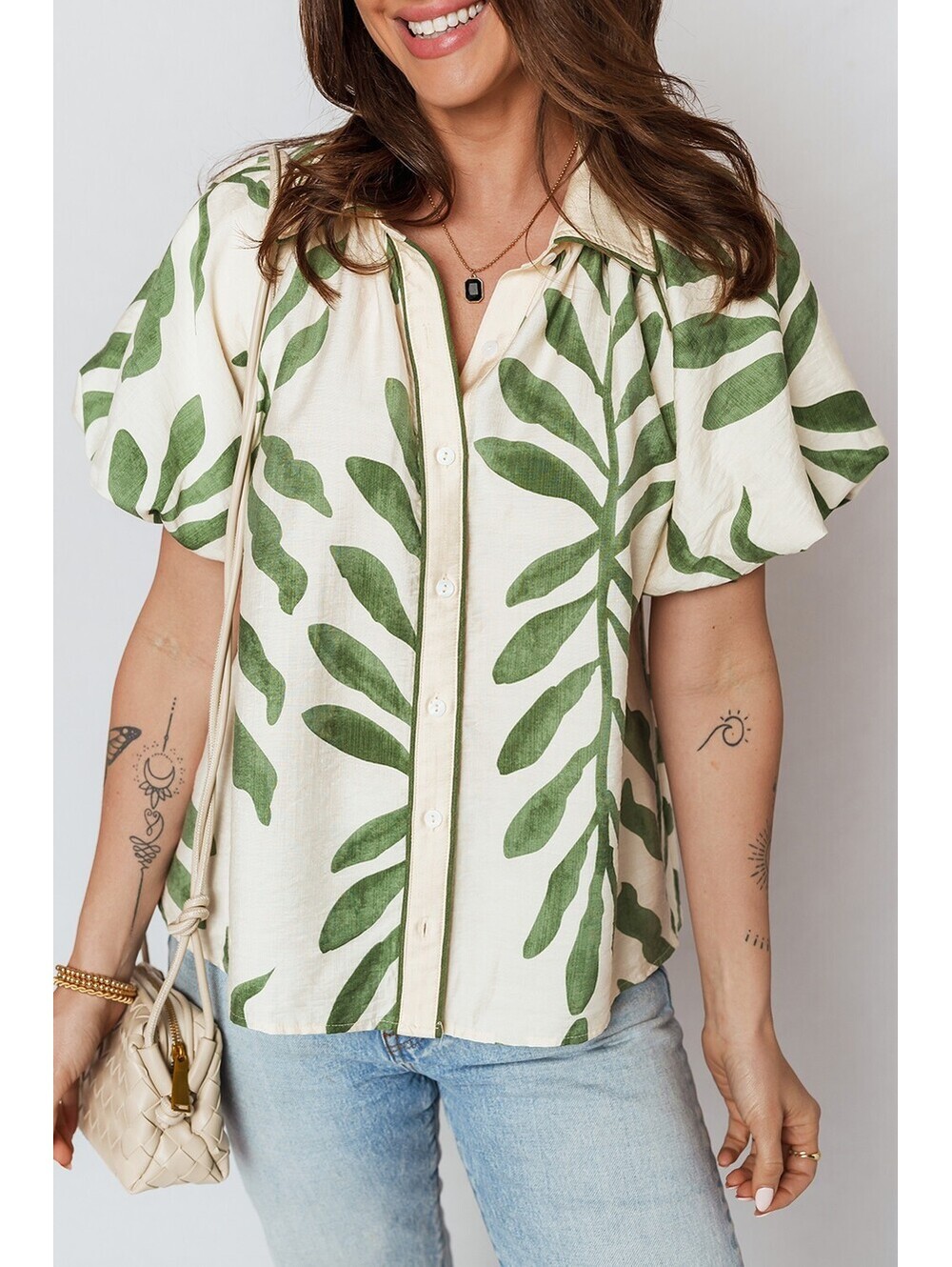 Women's Short Sleeve Button-Up Shirt with Green Leaf Print - Picture 1 of 4